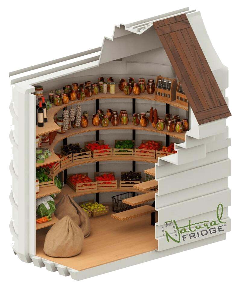 cellary-garden-cellar-diameter-2 x 1.75 m-4-rows-shelfs-transparent